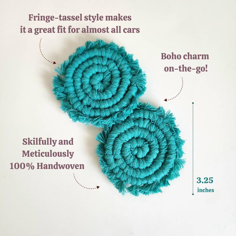 Cotton Car Coasters for Cup Holders, 2PC Car Cup Coasters, Drink Coaster Holder, Cute cupholder Coaster Accessories for Women, Macrame, Boho (Ocean Teal)
