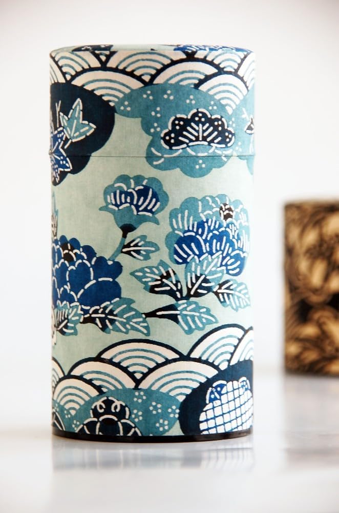 Japanese Pokkan Coffee Spice Tea Tin Canister Washi Paper Storage with Lid 7.05 oz Capacity (Han)
