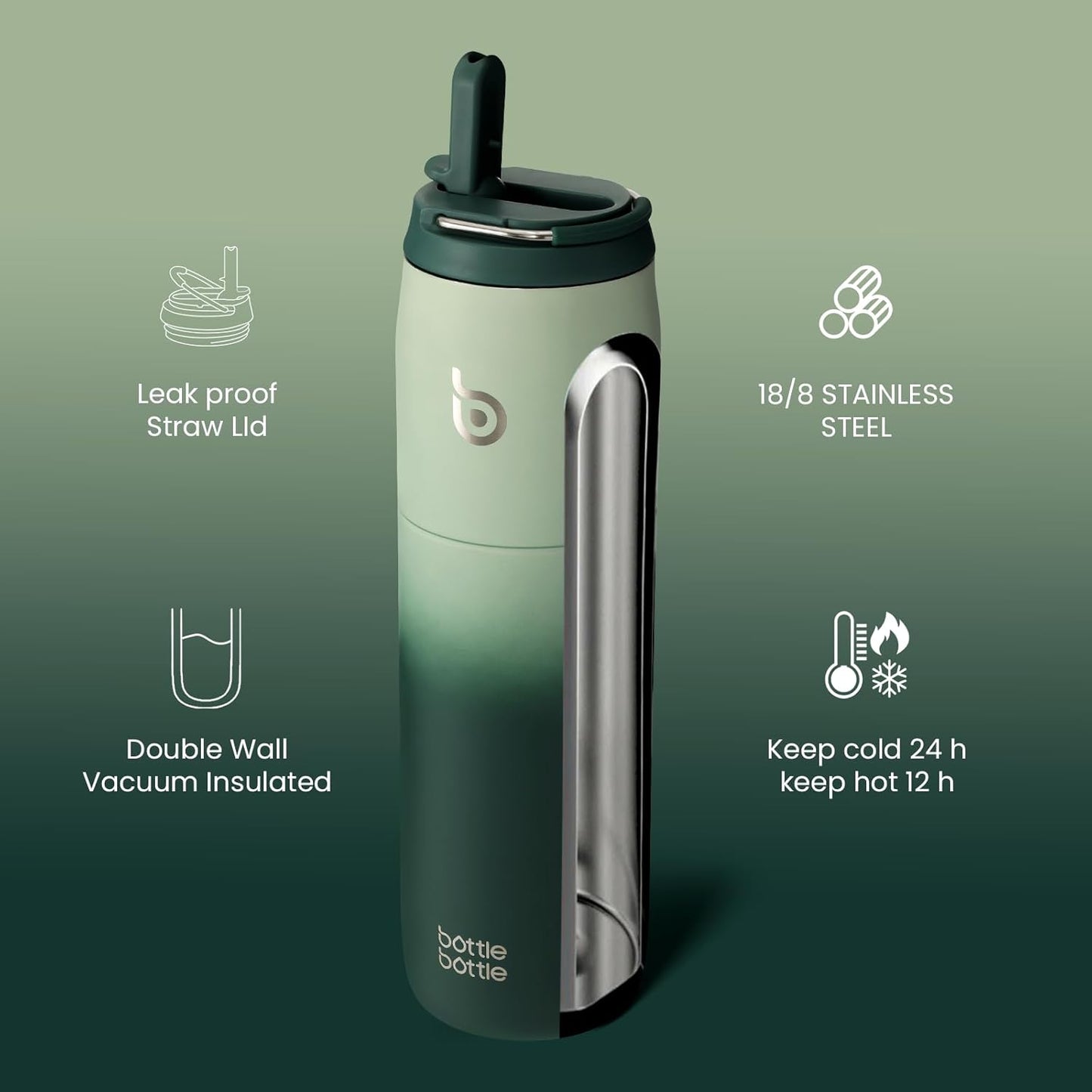 BOTTLE BOTTLE Stainless Steel Water Bottle with Straw and Lid, 32 oz Vacuum Insulated Flask Stay Cold for 24 Hrs Hot for 12 Hrs Leak-Proof Wide Mouth Sports Water Bottles for Men green