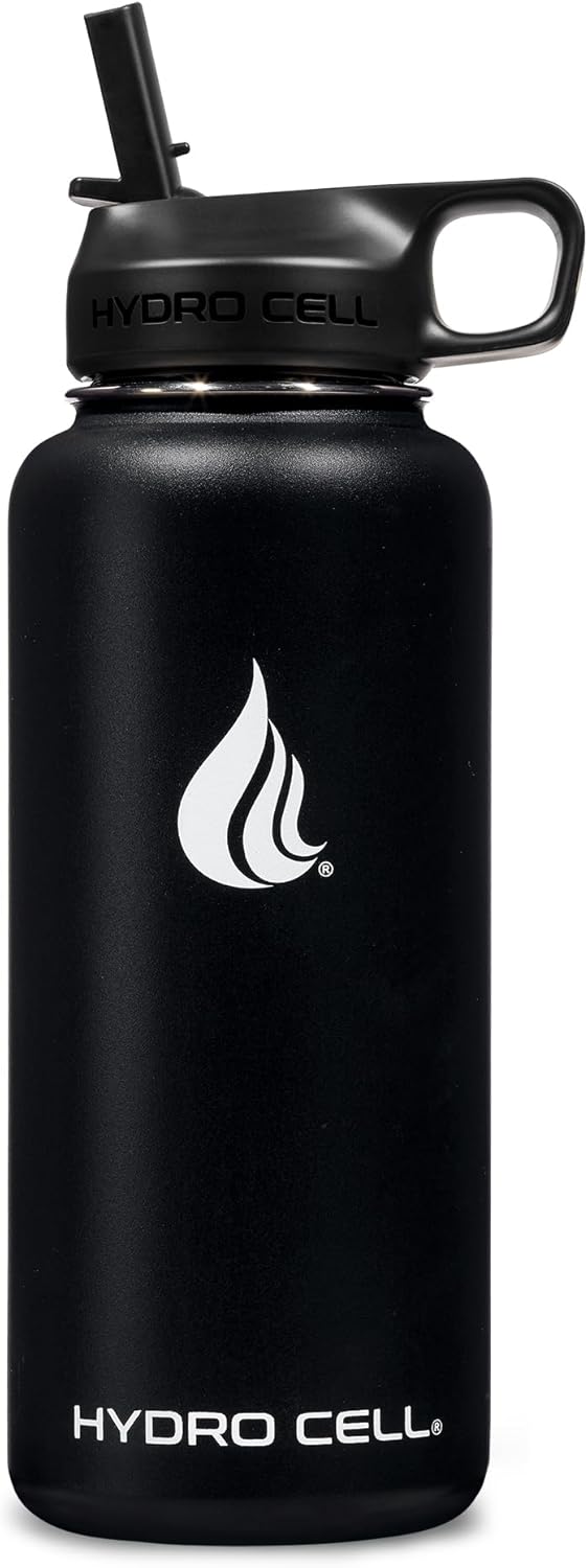 HYDRO CELL Stainless Steel Insulated Water Bottle with Straw - For Cold & Hot Drinks - Metal Vacuum Flask with Screw Cap and Modern Leakproof Sport Thermos for Adults (Black 32oz)