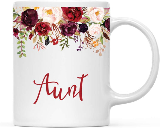 Andaz Press 11oz. Mother's Day Ceramic Coffee Tea Mug Gift, Fall Autumn Marsala Burgundy Flowers Roses Florals, Aunt, 1-Pack, Includes Gift Box, Birthday Christmas Gift Ideas
