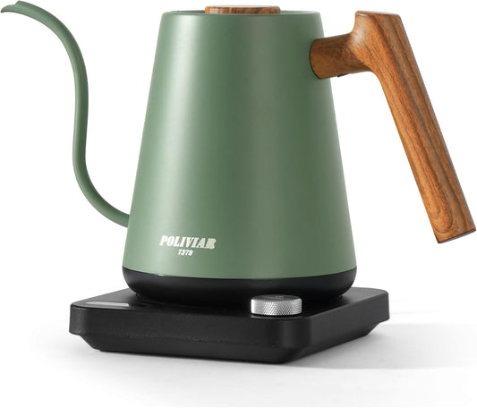POLIVIAR Electric Gooseneck Kettle, 1350W Electric Tea Kettle Wood Pattern Handle, 34oz Pour Over Electric Kettle for Coffee & Tea, 18/8 Stainless Steel Inner, Temperature Control & Rapid Heating