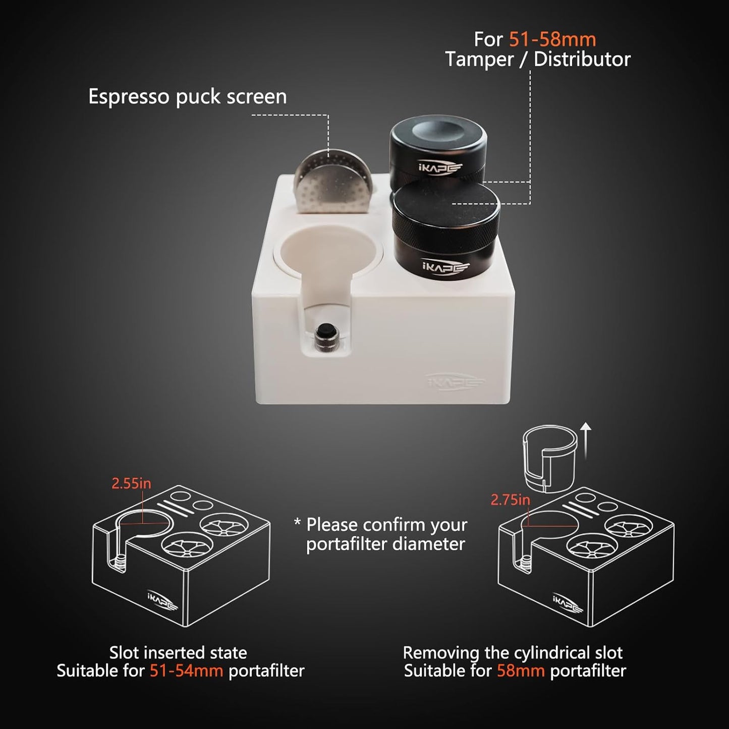 IKAPE ABS Espresso Knock Box, 7 in 1 Coffee Organizer Box Fit for Storage 51, 54, 58MM Espresso Tamper, Distributor, Portafilter & Puck Screen Accessories(White)