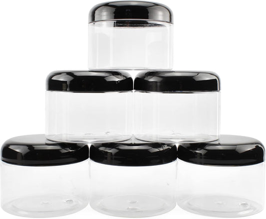 Cornucopia Brands 12 Ounce Clear Plastic Jars w/Black Plastic Lids (6-Pack); BPA Free PET Stackable Canisters for Bathroom & Kitchen Storage
