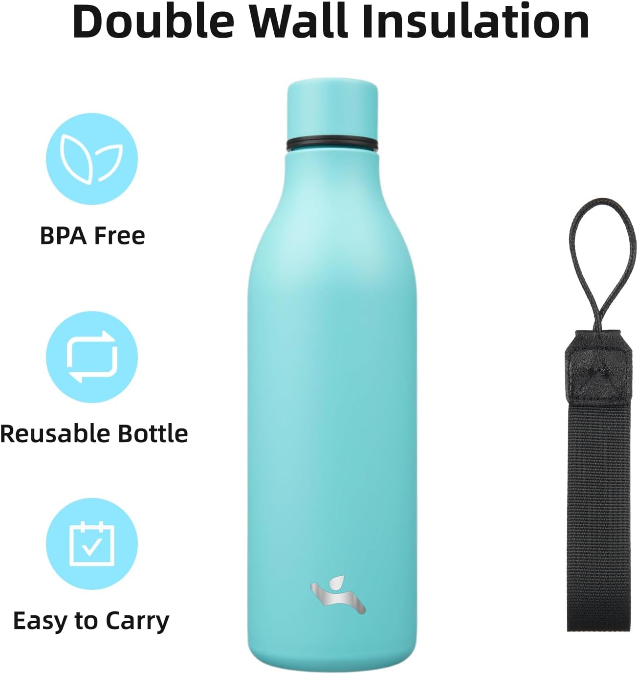 Insulated Water Bottle with Strap,25 oz Double Wall Stainless Steel Vacuum Bottles Metal Water Flask,Turquoise
