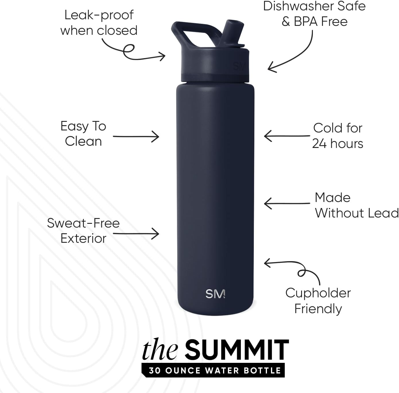 Simple Modern Water Bottle with Straw Lid | Vacuum Insulated Stainless Steel Metal Thermos | Reusable Leak Proof BPA-Free Flask for Sports Gym | Summit Collection | 30oz, Deep Ocean