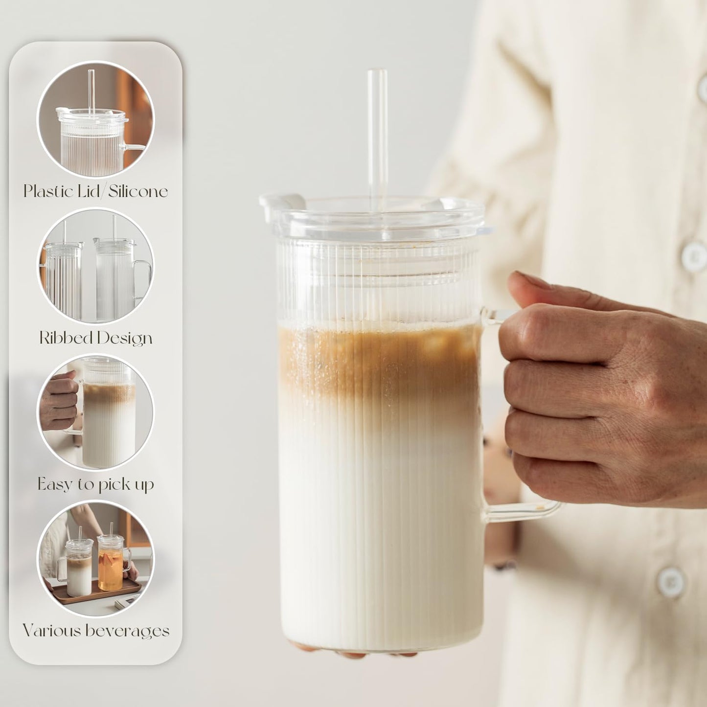 KEMORELA 2PCS Glass Tumbler with Lid and Straw - 24oz Ribbed Drinking Cups with Straw & Lid, Iced Coffee Cups - Reusable Glass Tumblers for Tea, Juice, Bubble Tea