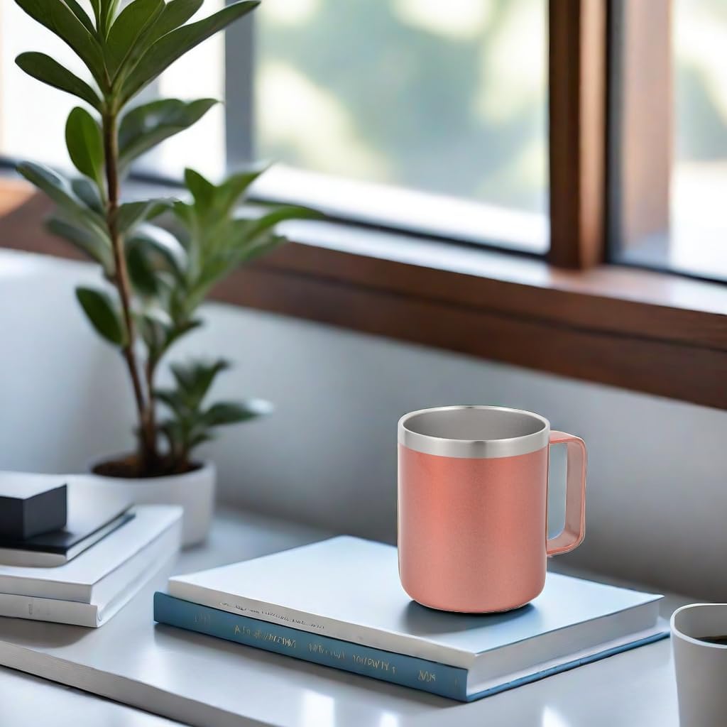 Volhoply 14oz Insulated Stainless Steel Coffee Mug with Lid Bulk 2 Pack,Double Wall Vacuum Travel Coffee Cup with Handle,Reusable Cups Tumbler,Camping Mugs Keep Hot,Ideal Gifts(Rose Gold,2)