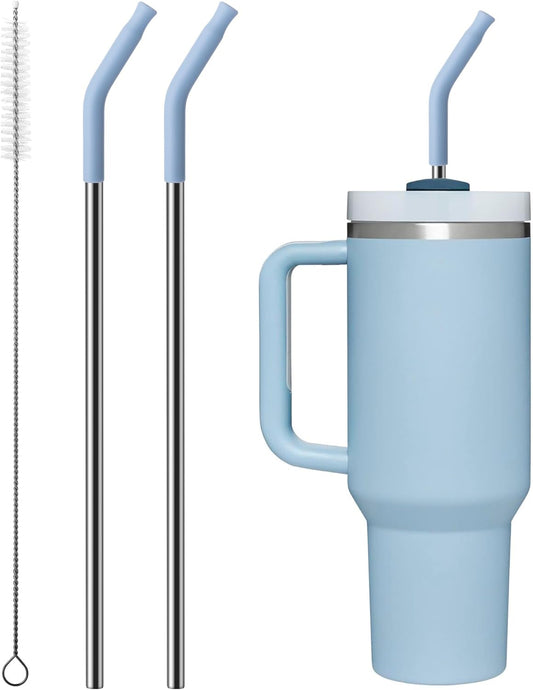 Metal Straw with Silicone Tip for 30oz Stanley Cup, 2 Pcs Stainless Steel Straws Replacement for Stanley 30 oz Adventure Quencher Travel Tumbler Cup, 1 Straw Brush (Light Blue)
