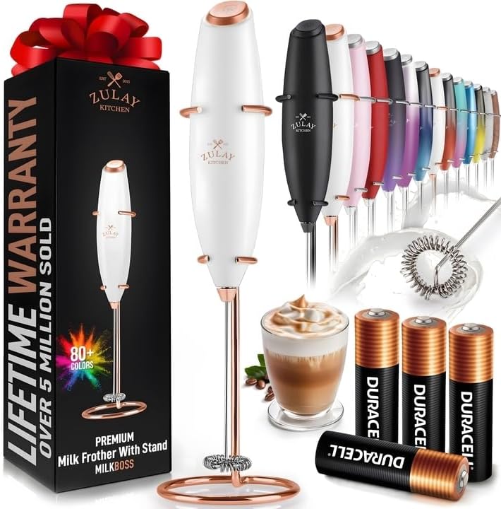 Zulay Kitchen Powerful Milk Frother Wand With 4 AA Duracell Batteries - Ultra Fast Handheld Drink Mixer - Electric Whisk Foam Maker for Coffee, Lattes, Cappuccino, Matcha & Creamer -