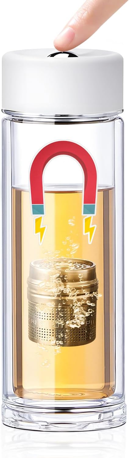 MagnaDrop Tea Tumbler – Double Wall Glass Tea Infuser Cup with Magnetic Steep Control & Bead Switch, Leakproof Travel Mug for Loose Leaf, 12.5oz