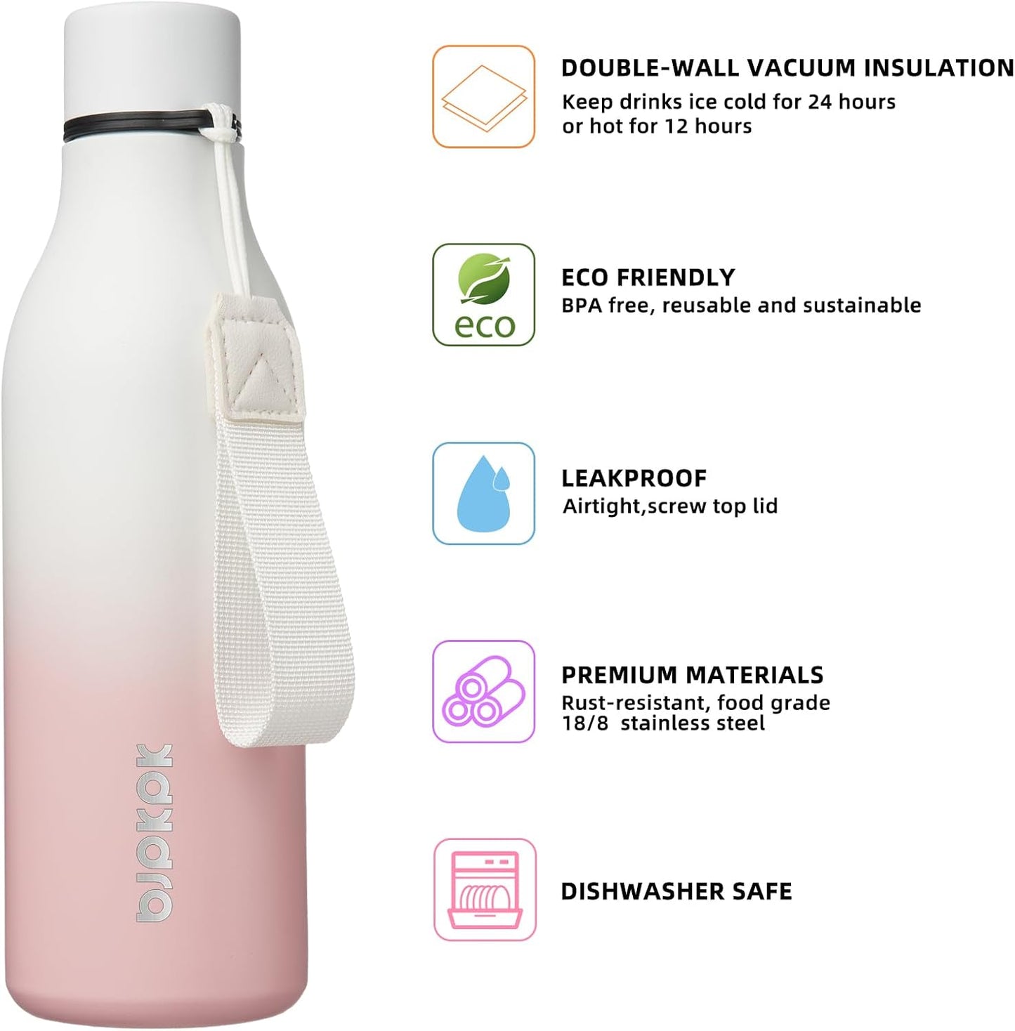 BJPKPK Insulated Water Bottles, 18 oz Stainless Steel Metal Water Bottle with Strap, BPA Free Leak Proof Thermos, Mugs, Flasks, Reusable Water Bottle for Sports & Travel, Graceful Pink