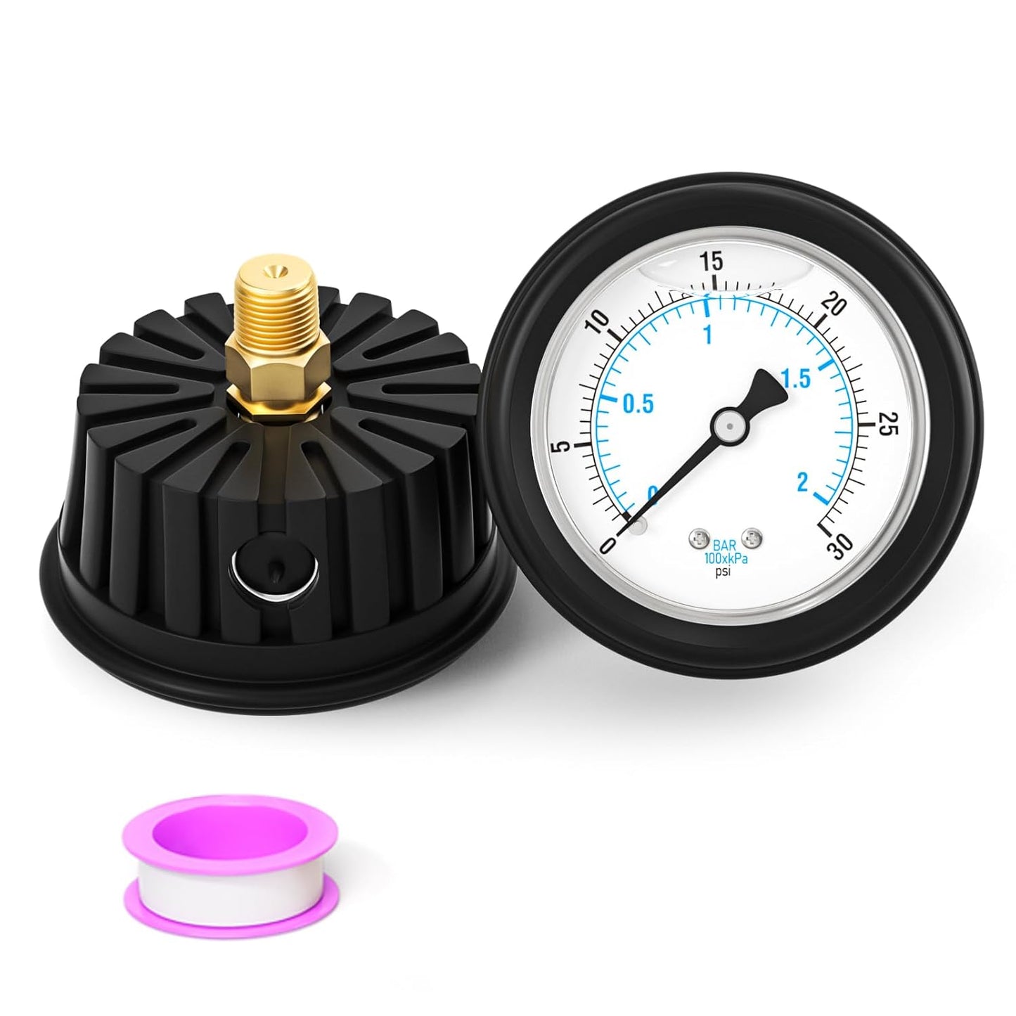 0-30PSI Stainless Steel Liquid Filled Pressure Gauge, 2.5" Dial Size, 1/4" NPT Back Mount, with Rubber Protective Sleeve, for Tube, Water Pump, Gas, Liquid, Pressure Test