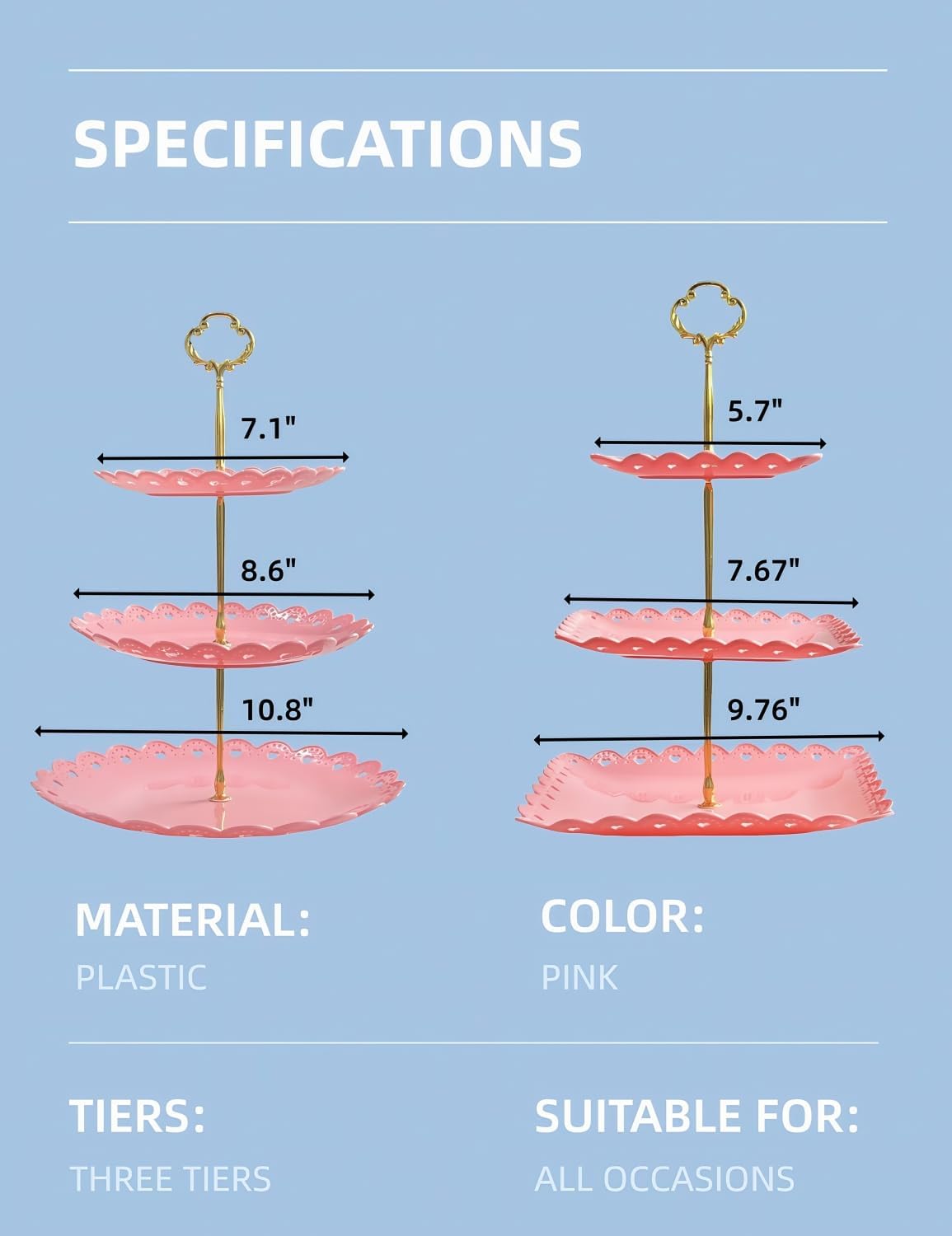 RAUVOLFIA 2 Pack of Plastic Round & Square Dessert Cupcake Stand, 3 Tier Cup Cake Holder Tower for Tea Party/Birthday/Wedding, Plastic Tiered Serving Tray (Pink)