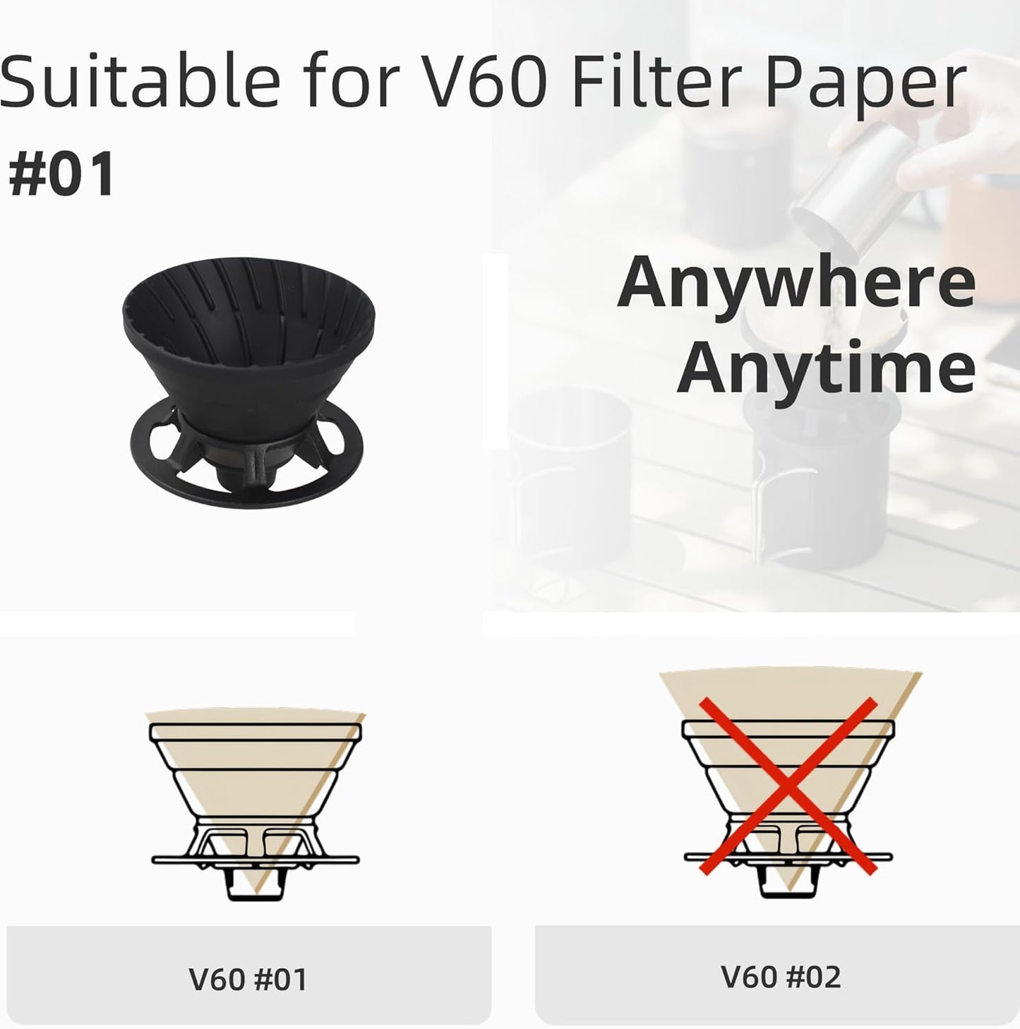 Collapsible Pour Over Coffee Dripper, Silicone Reusable Pour Over Coffee Maker for Camping, Travel, Home&Office, Single Clever Coffee Dripper With 100 V60 Filter Paper #01(1-2 Cup)