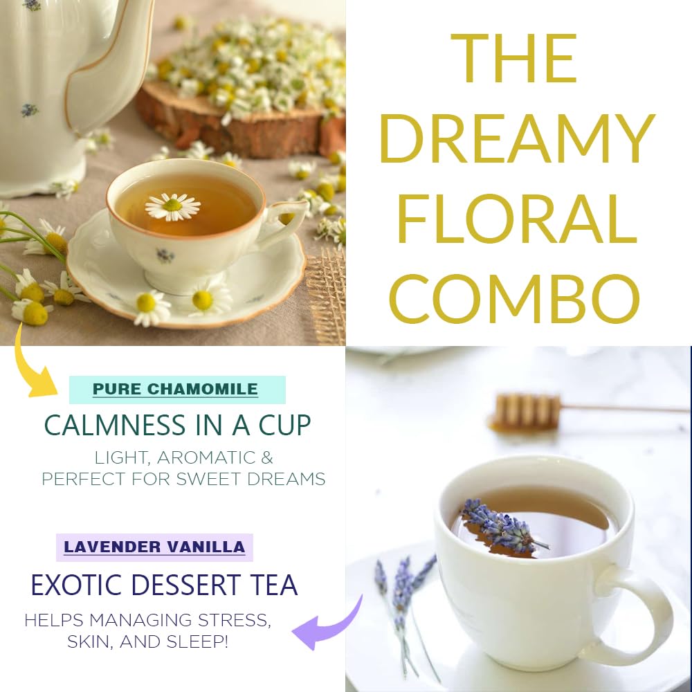 CHAYAM Blissful Infusion – Lavender Vanilla (1.76oz) & Pure Chamomile (1.1oz) Wellness Tea Gift Set + Infuser Loose Leaf Black & Herbal Tea Tin Caddies | For Better Sleep & Relaxation