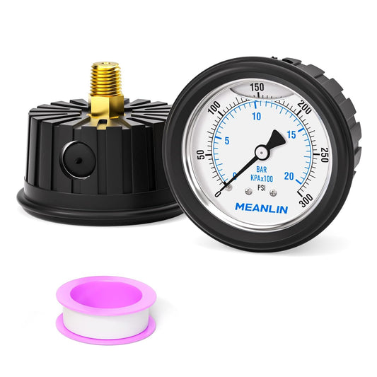 MEANLIN MEASURE 0~300Psi Stainless Steel Liquid Filled Pressure Gauge 1/4" NPT 2.5" FACE DIAL with Rubber Protective Sleeve, Center Back Mount