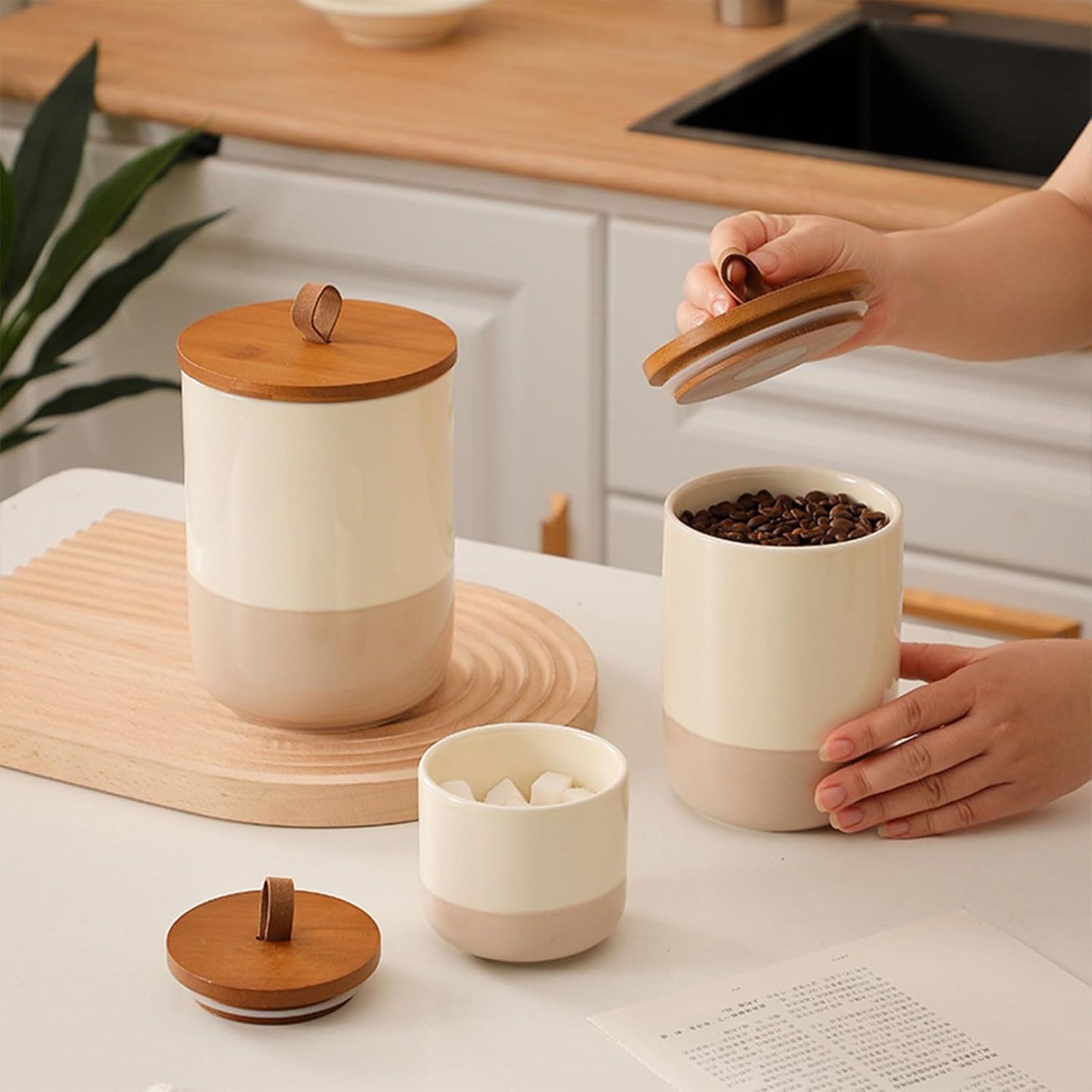 Coffee Canister, Ceramic Food Storage Jars with Lids Salt Matcha Container Brown Sugar Container Bowl for Kitchen Tea, Coffee Beans, Spice (#001Khaki-Set of 3)