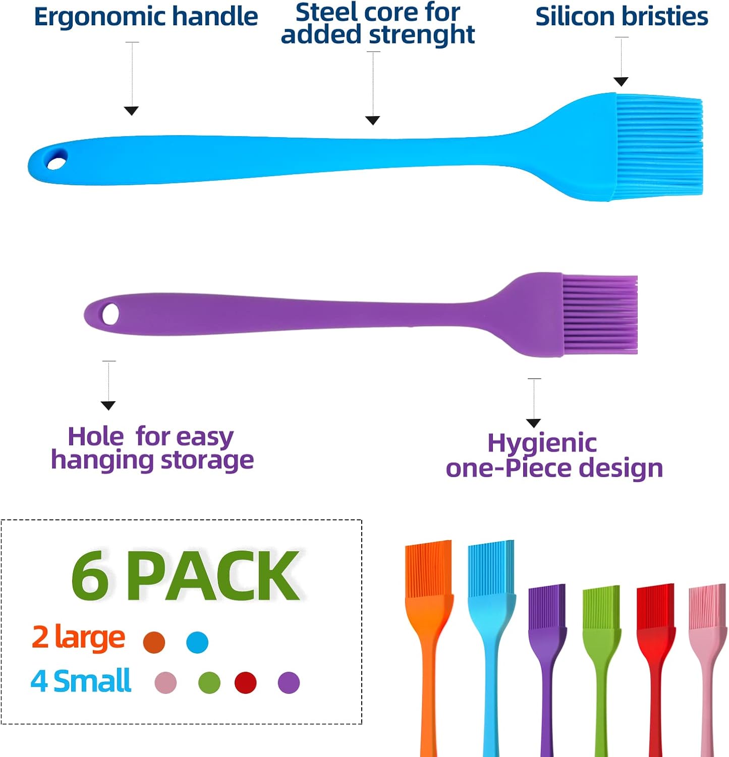 6 PCS CUALORK Silicone Basting Brush, Upgrade Pastry Brush,Heat Resistant Silicone Brushes, Premium Cooking Brush for Sauce Marinade Meat Glazing, Oil Brush for BBQ Kitchen Cooking Baking and Grilling