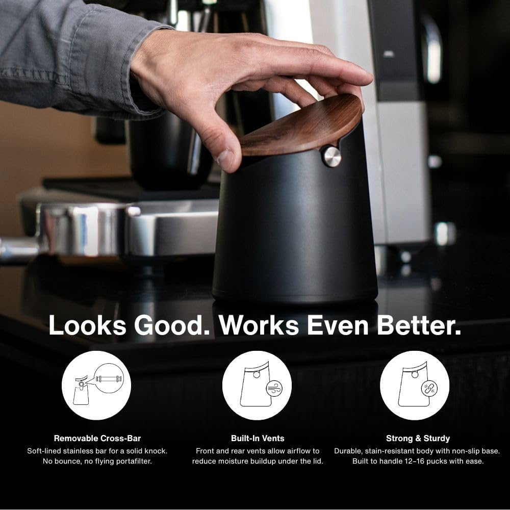 Crema Coffee Products Arc Knock Box | Holds 12–16 EspressoPucks|Durable,Stain-ResistantBuild withNon-Slip Base|Elegant WalnutPlastic Lid Design| EasyClean-Up &Moisture Control|BlackPlasticLid Finish