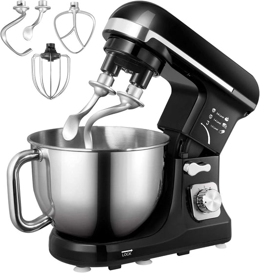 Stand Mixer Fohere, with Double Dough Hook, Wire Whip & Beater, 6+ P Speed Tilt-Head Food Mixer, Pouring Shield for Home Cooking, Dishwasher Safe Stainless Steel Bowl with Handle (Black)