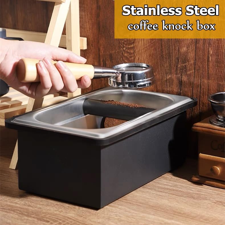 Espresso Coffee Knock Box, Large Size Stainless Steel Coffee Pucks Container, with Noise Reduction Rubber Ring,Silicone Bar for Knocking Portafilter Filter Grinds