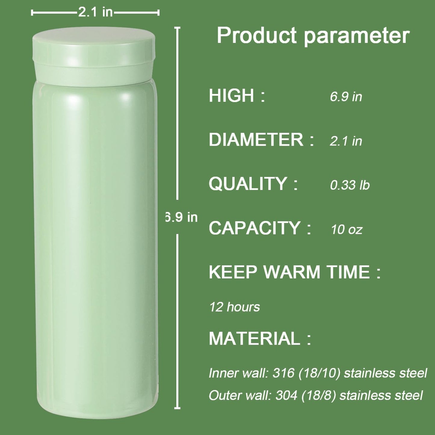 10oz Mini Water Bottle Stainless Steel Thermos Small Flask - Insulated Vacuum, Leak Proof, Keeps Drinks Hot/Cold - Ideal for Coffee, Tea, Water - Light green