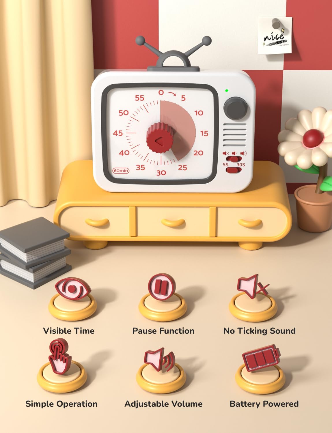 LIORQUE Visual Timer for Kids, 60-Minute Countdown Timers for Classroom Office Kitchen with Silent Operation, Kids Timer for Teaching with Cute Design