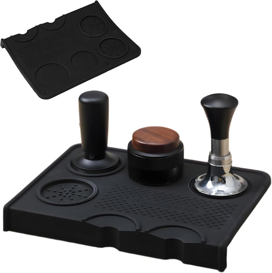 Espresso Tamping Mat Silicone Coffee Tamper Mat with Corner Design, Heat Resistant Non-Slip Coffee Station Pad (Black, Large)