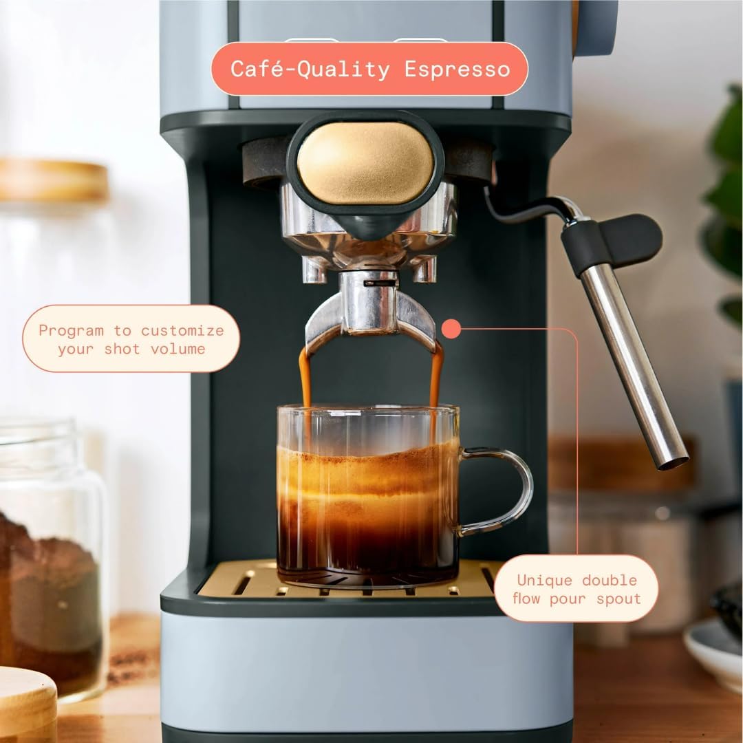 Beautiful Slim Espresso Maker by Drew Barrymore – 20‑Bar Pressure, Dual‑Spout 52 mm Portafilter, 50 oz Removable Tank, 2‑in‑1 Steam Wand & Touch Controls (Cornflower Blue)