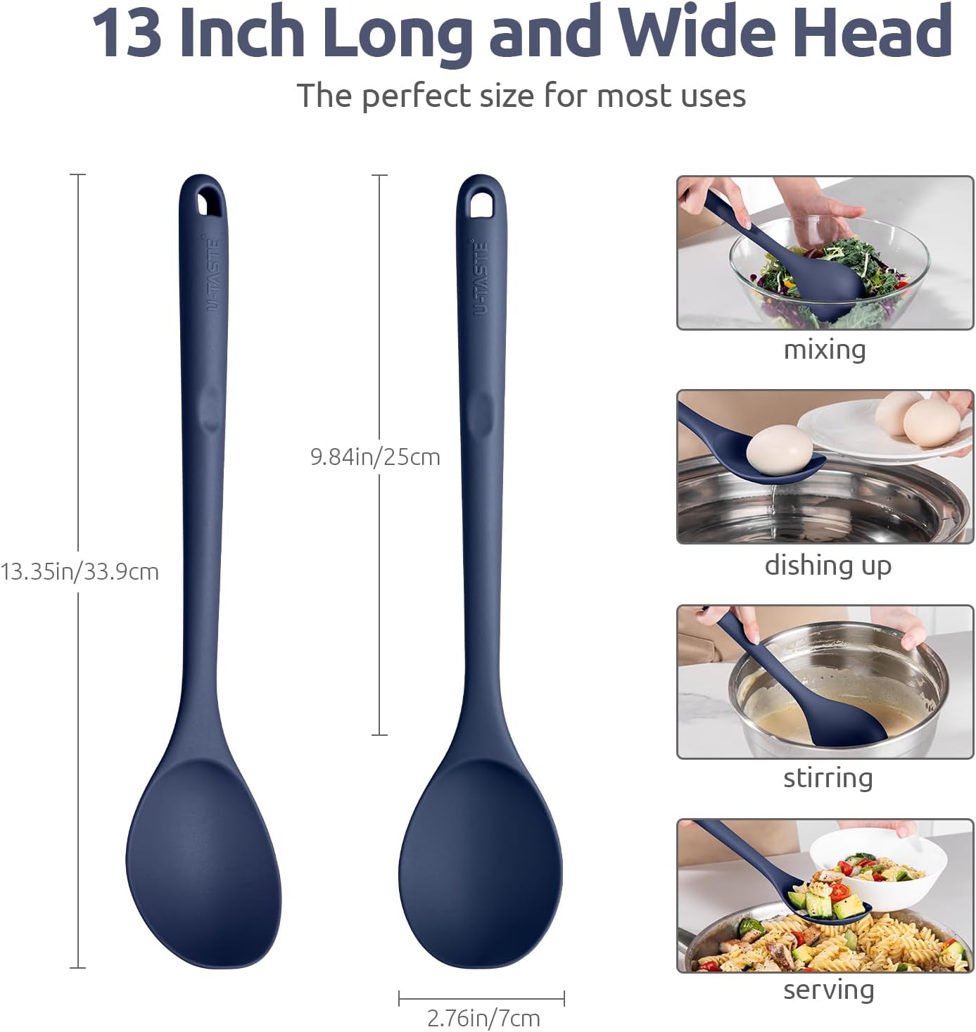 600ºF Heat Resistant Silicone Spoon: U-Taste 13.3in Solid Kitchen Cooking Spoon, Nonstick Food Grade Large Soup Rubber Utensil for Mixing, Serving, Stirring, Basting, for Pot Cookware (Midnight Blue)