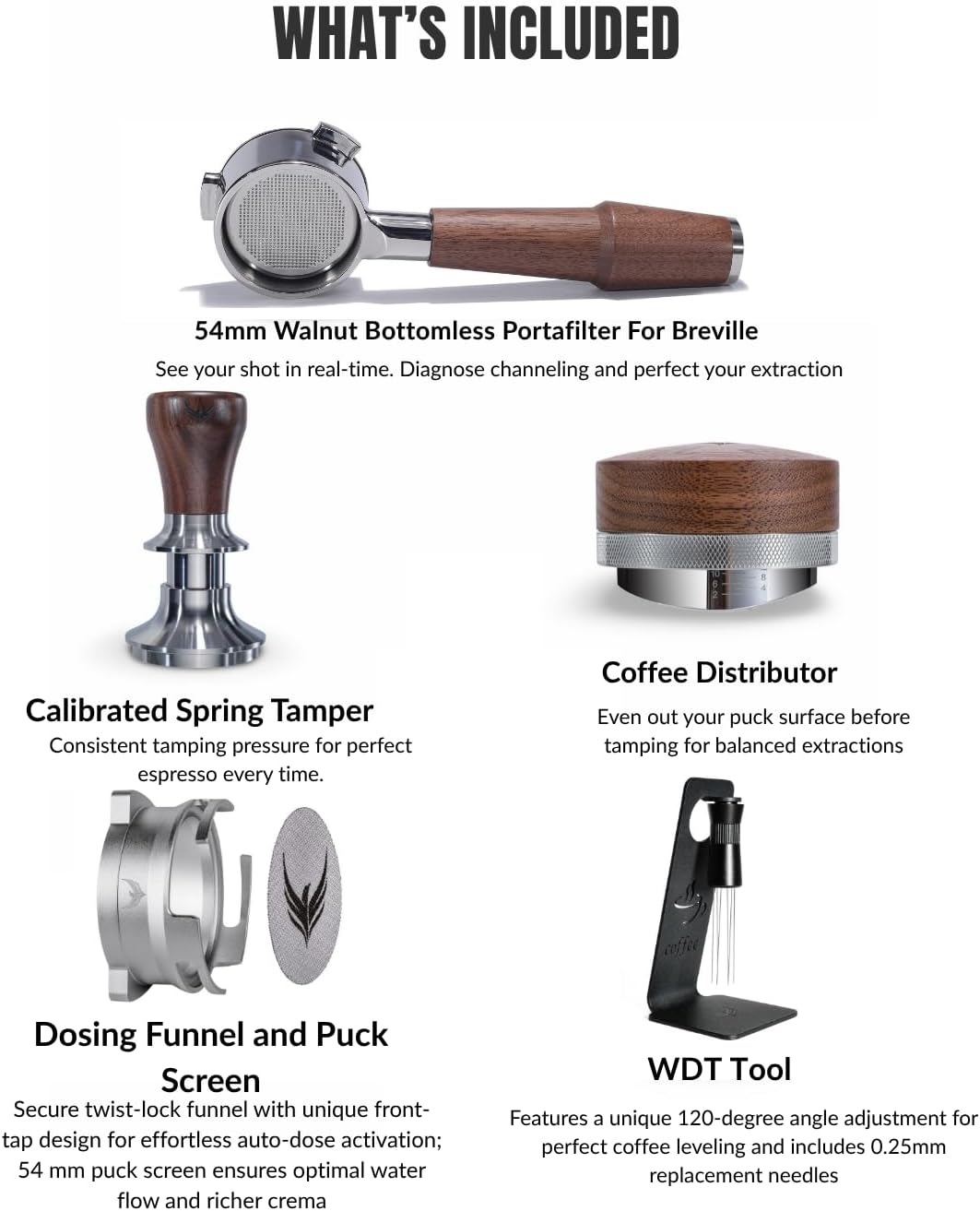 Breville Espresso Machine Accessories Set 54mm Walnut Bottomless Portafilter,Calibrated Tamper, Coffee Distributor, WDT Tool, Espresso Funnel and Filter