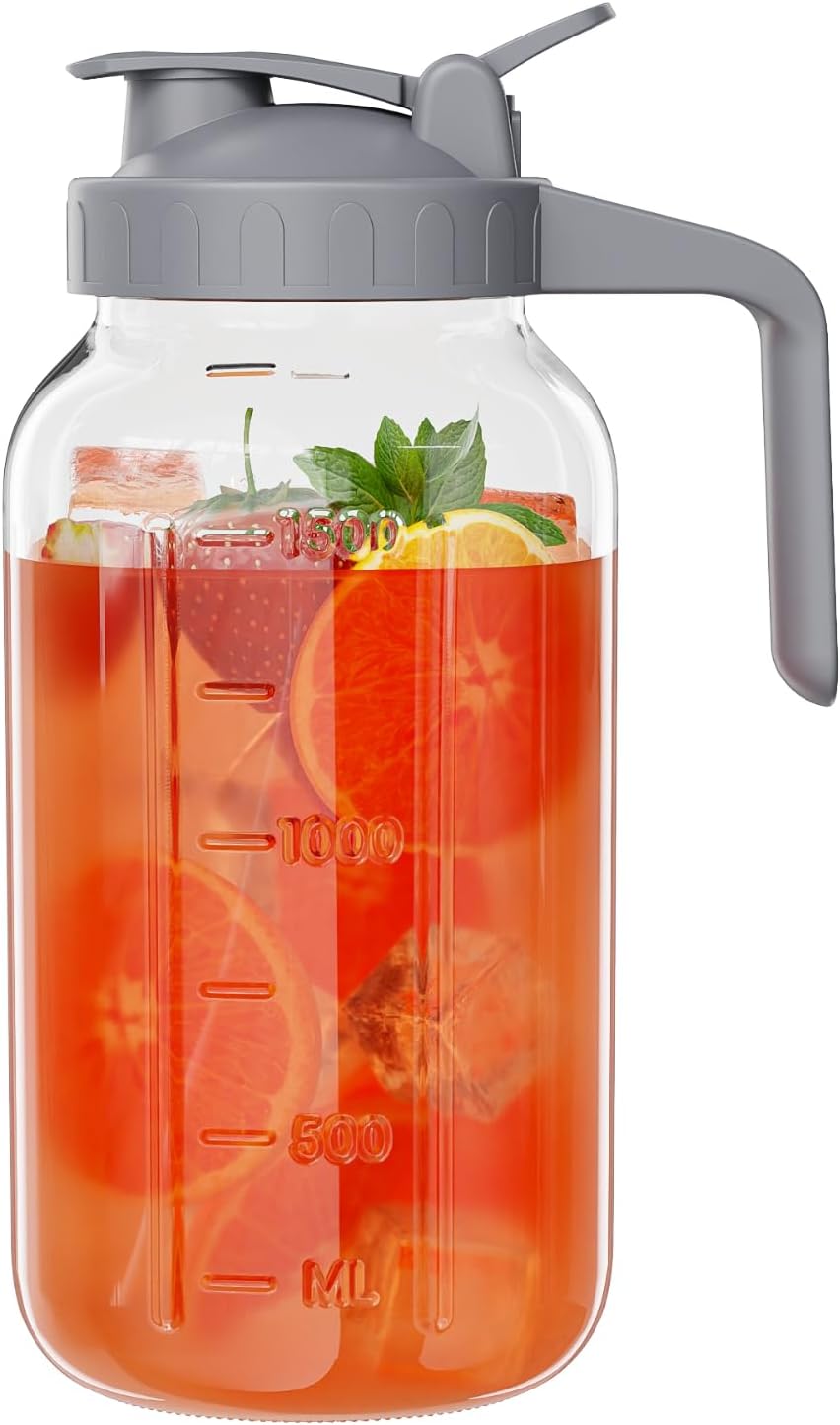 Glass Mason Jar Pitcher, 64 oz Wide Mouth Jug with Pour Spout Handle Lid for Cold Brew Coffee, Ice Beverage, Iced Juice, Lemonade, Sun Tea, Fruit Drinks Container