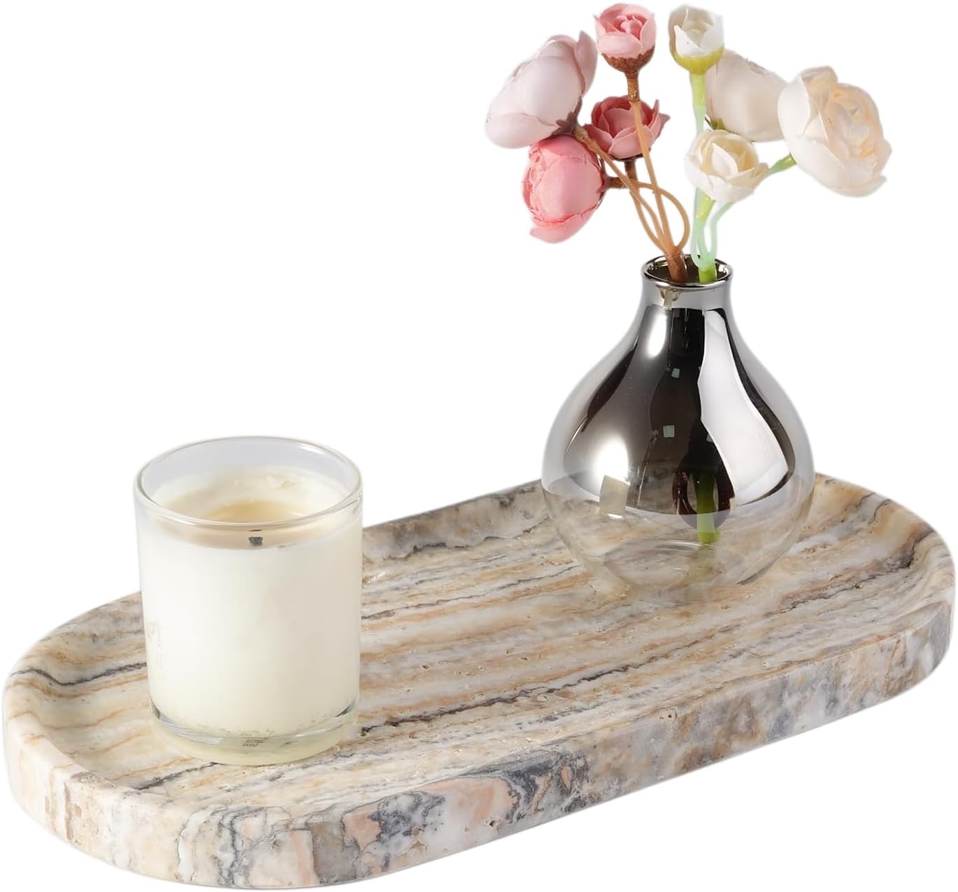 Koville Natural Marble Bathroom Tray for Decor Countertop, Marble Vanity Tray for Candles Perfume, Jewelry, Cosmetics, Stone Decorative Trays for Dresser Organizer(White Traonyx)