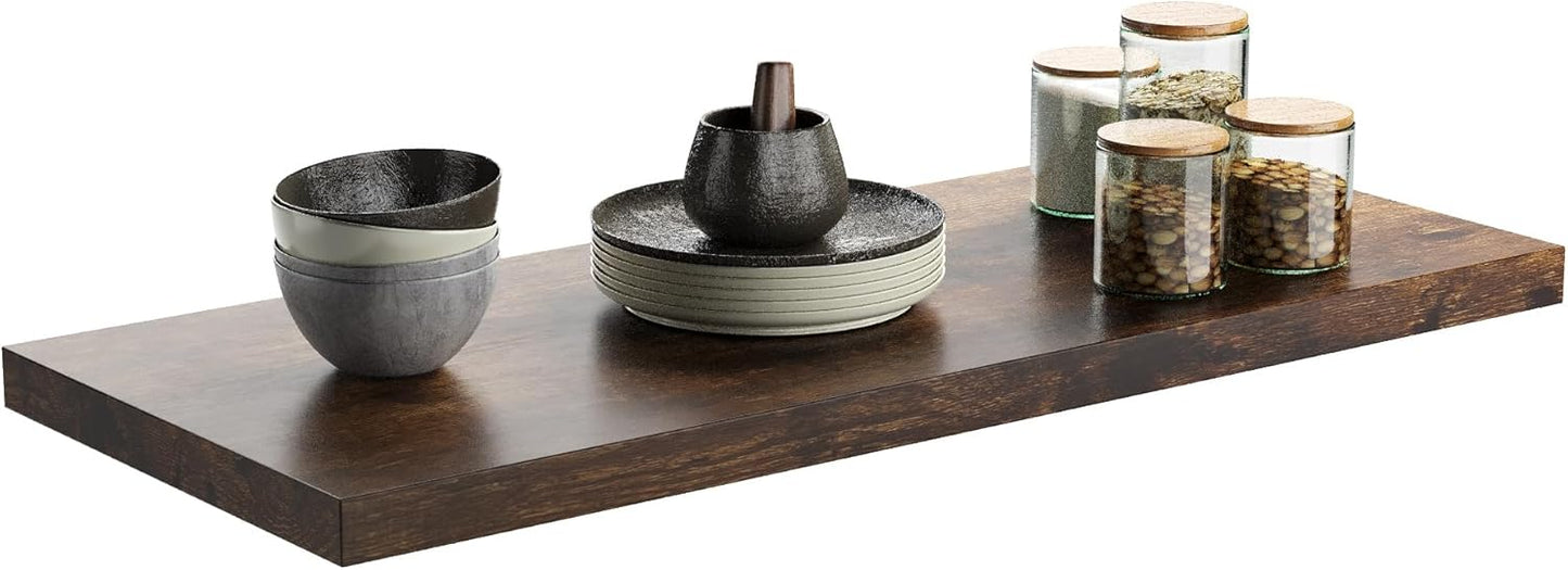 Wall Shelf Set of 1, Rustic Brown Floating Shelves 36 in W x 10 in D x 1 in H, Wooden Floating Wall Shelf with Invisible Brackets for Living Room/Bedroom/Bathroom/Kitchen Storage and Decor
