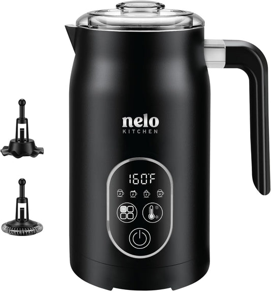 NELO Electric Milk Frother, 4 In 1 Digital Milk Frother and Steamer with Real-Time Temperature Control, Automatic Frother for Coffee, Latte, Hot Chocolate, Cappuccinos, BPA Free Stainless Steel, Black