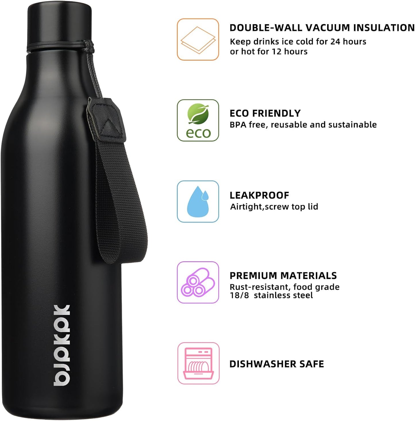 BJPKPK Insulated Water Bottles, 25 oz Stainless Steel Metal Water Bottle with Strap, BPA Free Leak Proof Thermos, Mugs, Flasks, Reusable Water Bottle for Sports & Travel, Black