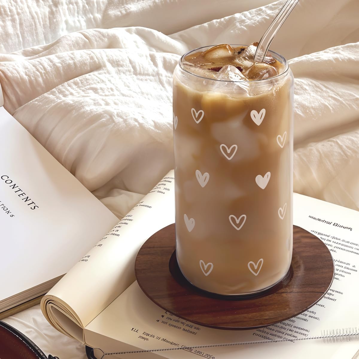 Heart 16oz Can Glass Tumbler with Acrylic Lid & Straw, Iced Coffee Cup for Women, Aesthetic Cups Gifts for Birthday Christmas Valentine