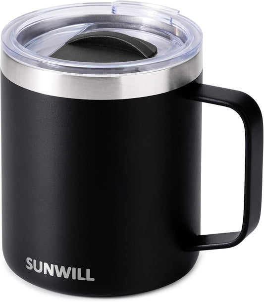 SUNWILL Travel Coffee Mug with Lid, Insulated Tumbler with Handle, 14oz Stainless Steel Cup for Camping, Outdoor, Powder Coated Black