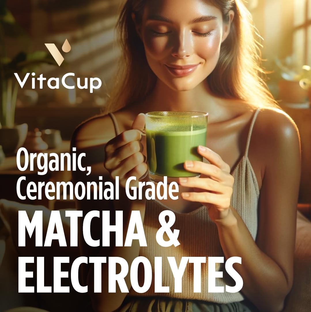 VitaCup Hydration Matcha Instant Packets, for Natural Energy and Detox, w/Electrolytes, Ceremonial Grade Organic Matcha, Coconut Water, Pink Himalayan Salt, Magnesium, in Single Serve Sticks, 60 Ct
