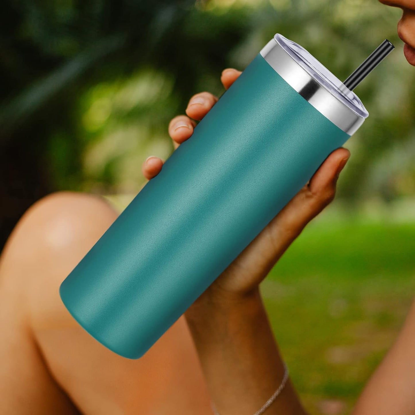 VEGOND Stainless Steel Tumblers Bulk 6 Pack, 20 oz Vacuum Insulated Skinny Tumblers with Lid and Straw, Double Wall Coffee Mug, Travel Water Cup, Dark Green