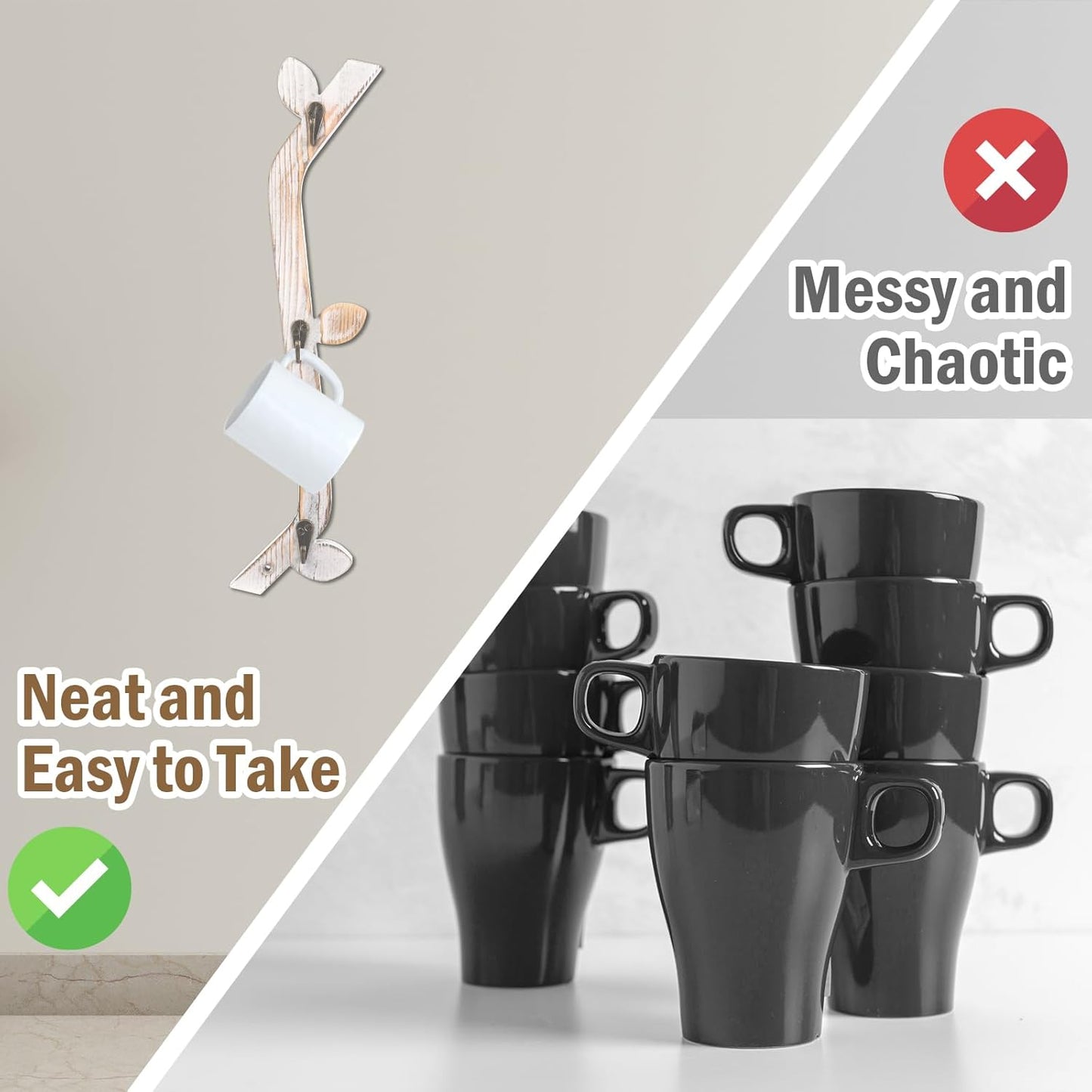 3 Pack Wood Coffee Mug Wall Rack with 9 Hooks Wall Mount Coffee Cup Holder White Espresso Cup Display Stand Tea Cup Hanger Display Wall for Kitchen Cafe Bar