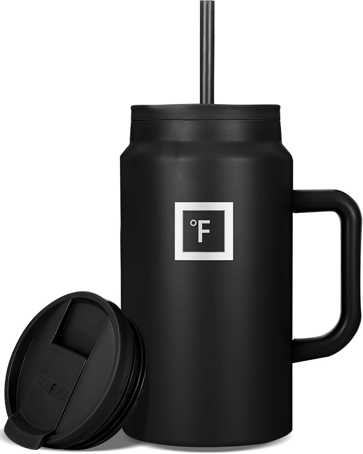 IRON °FLASK Co-Pilot Insulated Mug w/Straw & Flip Cap Lids - Cup Holder Bottle for Hot, Cold Drink - Leak-Proof - Water, Coffee Portable Travel Mug - Black, 50 Oz