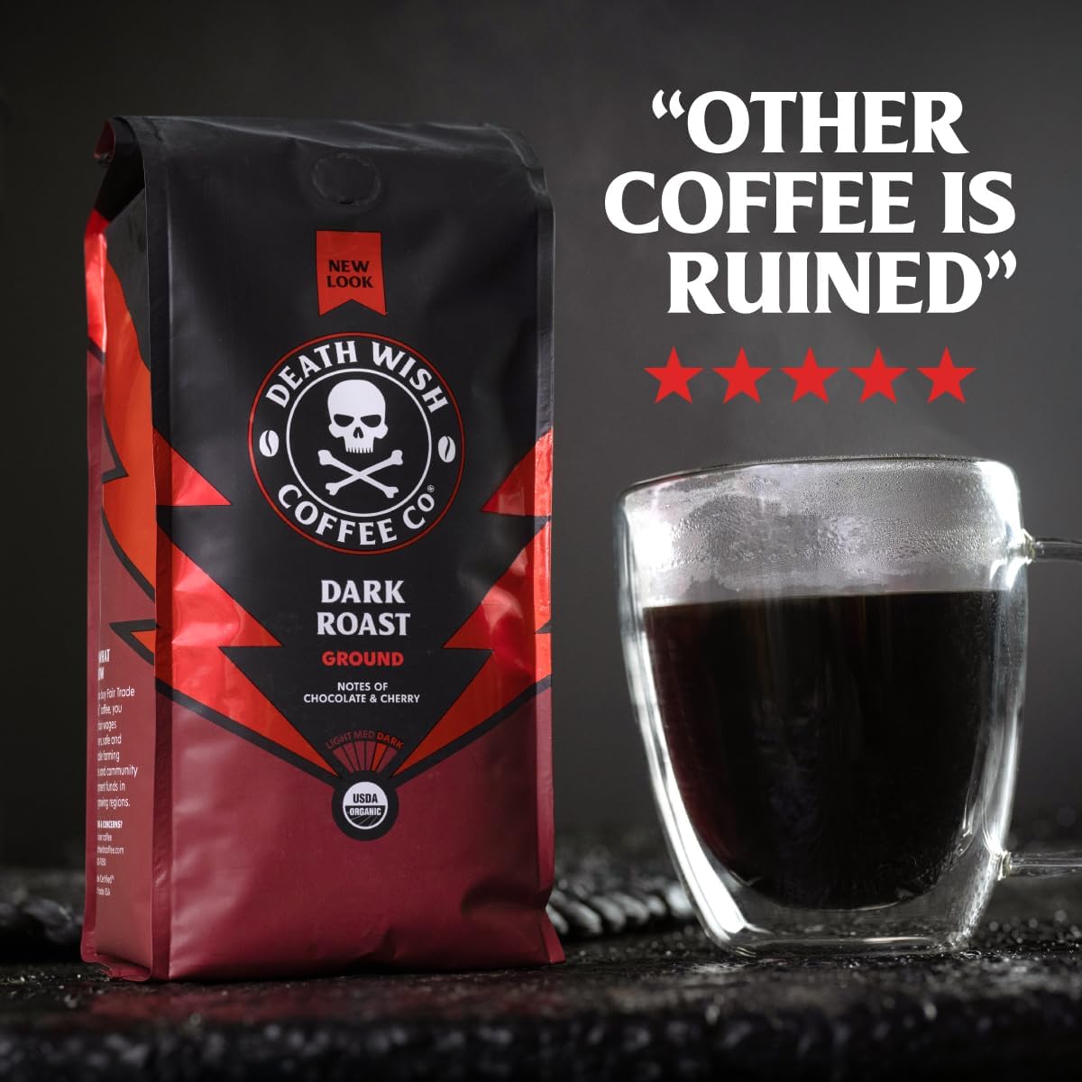 Death Wish Coffee Dark Roast Grounds -16 Oz, 2 Packs of Bold & Intense Blend of Arabica & Robusta Beans - USDA Organic Ground Coffee - Pack of 2