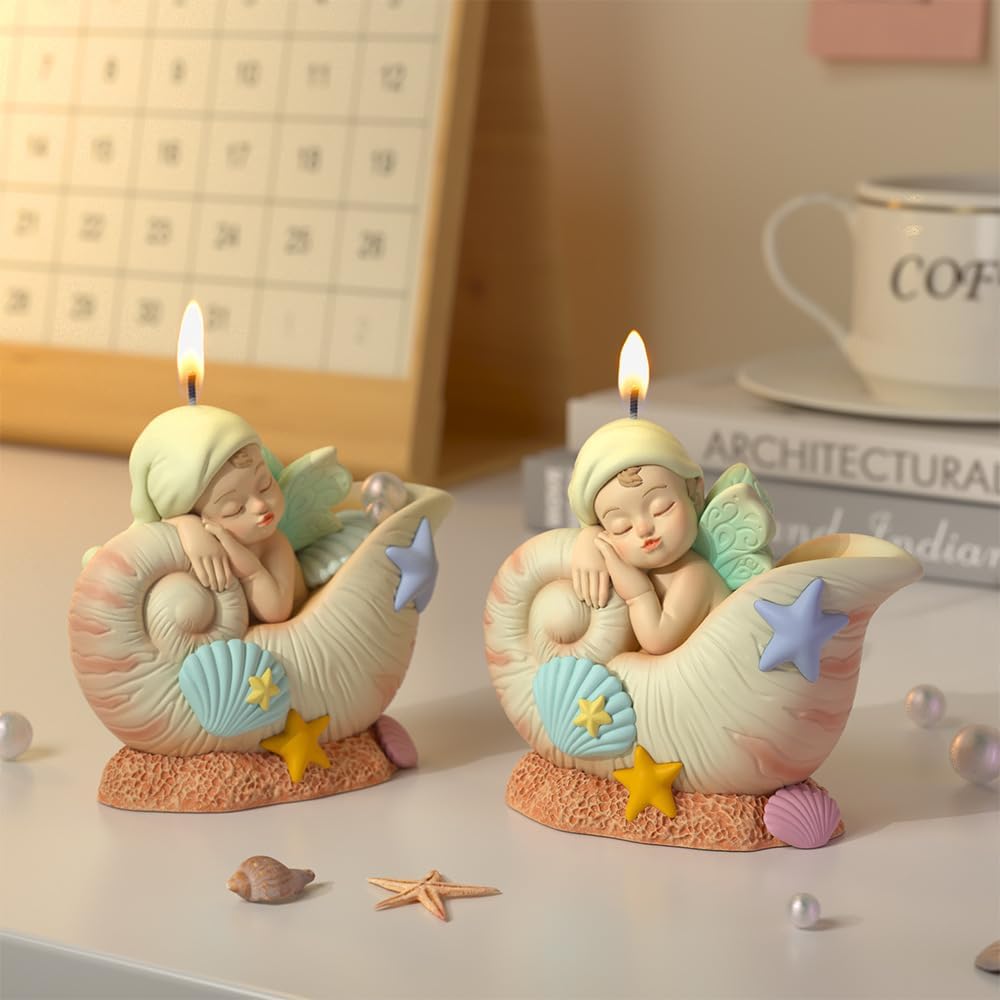 Fantasy Angel Conchs Shell Candle Silicone Mold – Cute Kawaii Seashell Sleeping Fairy Baby Epoxy Resin Mold for Aromatherapy Candle Making, DIY Crafts, Soap, Wax, Clay Desktop Decor