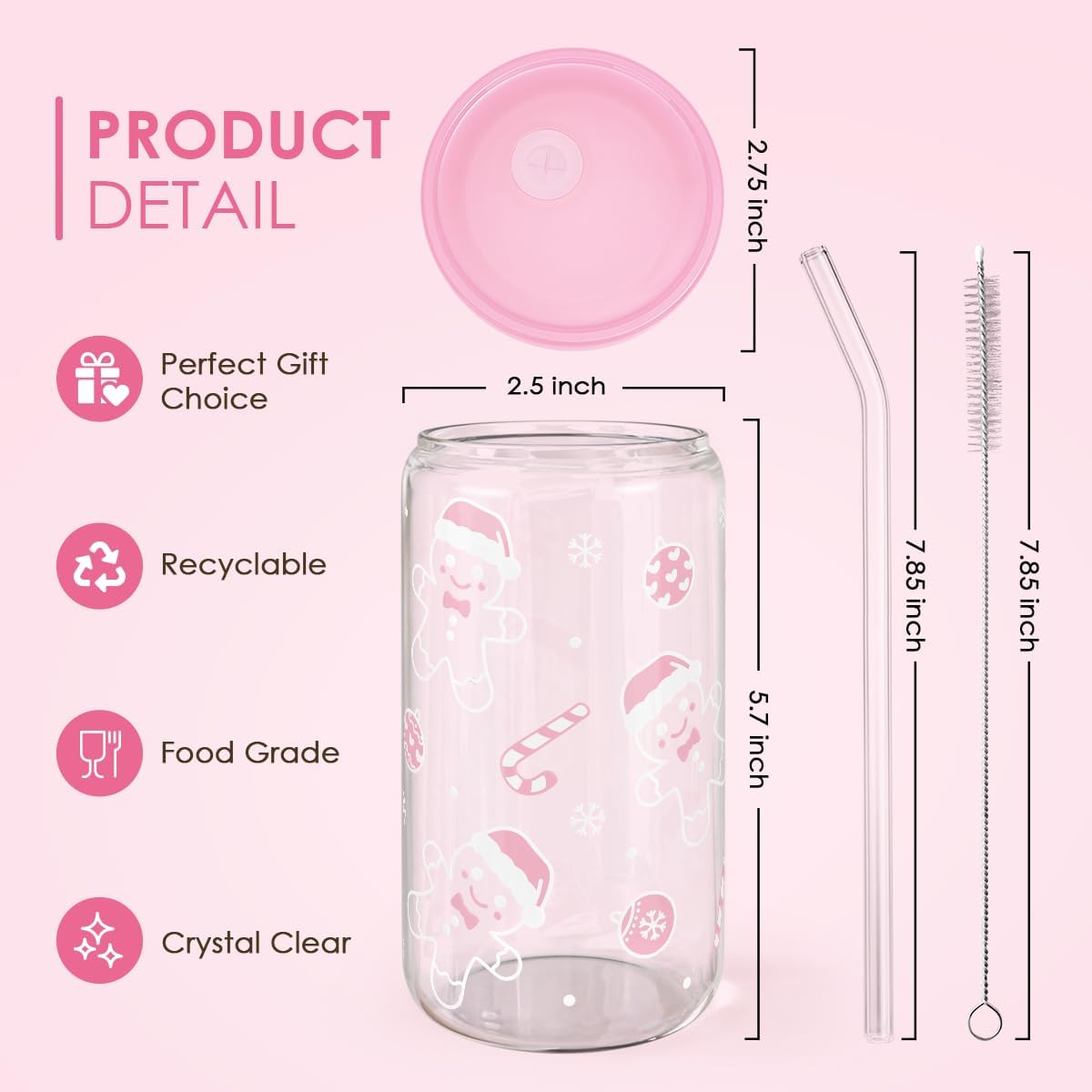 Christmas Gingerbread 16oz Can Glass Tumbler with Acrylic Lid & Straw, Iced Coffee Cup for Women Girls, Aesthetic Cups Gifts for Xmas