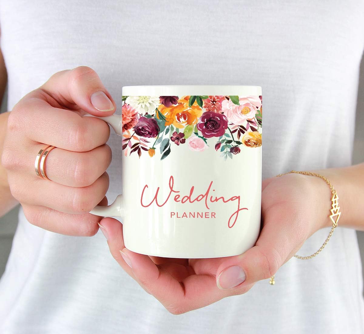 Andaz Press 11oz. Wedding Ceramic Coffee Tea Mug Gift, Fall Autumn Burgundy Orange Peach Flowers Roses Florals, Wedding Planner, 1-Pack, Includes Gift Box