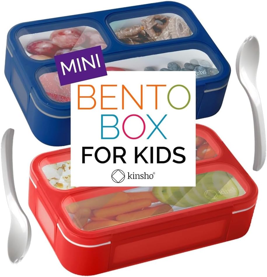 kinsho Snack Containers - Small Bento Lunch Box for Kids Girls Boys Toddlers | MINI Leakproof Boxes, Baby Bentobox for School Daycare Travel, Portion Containers, 2 pack, Red Navy Blue