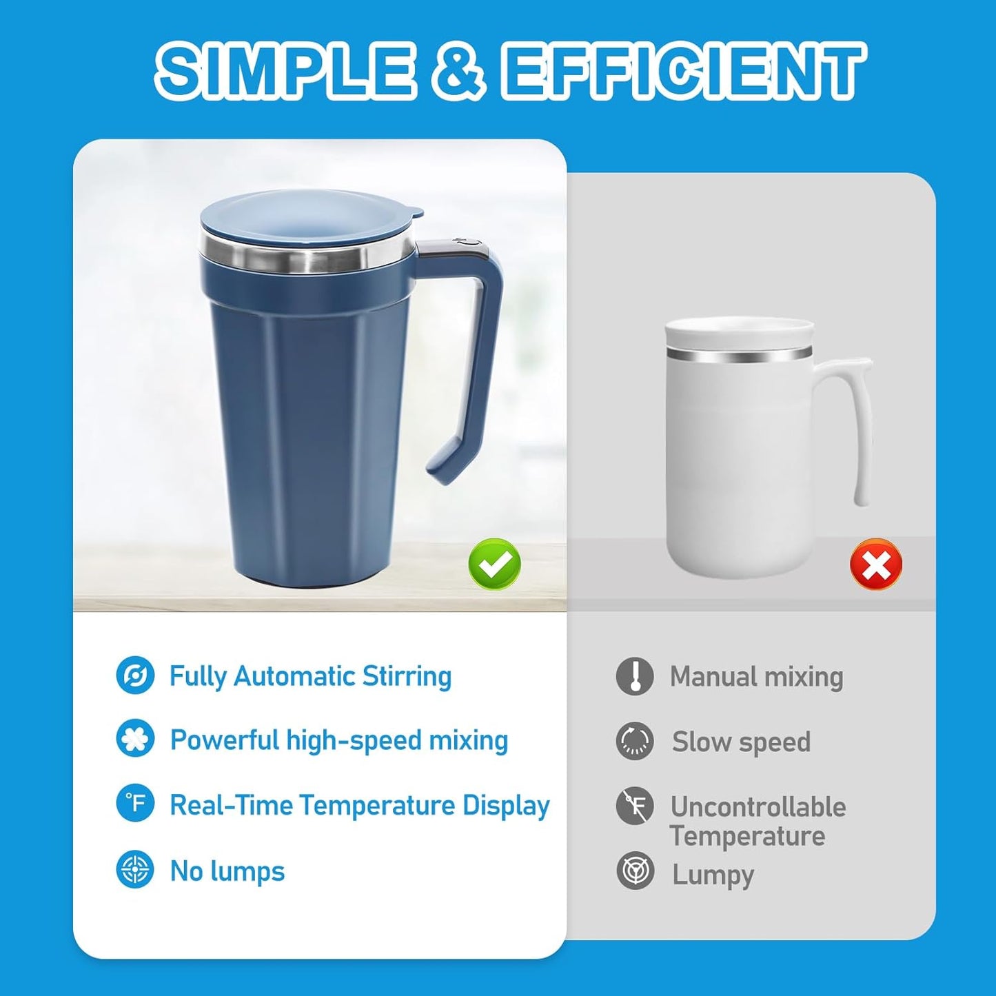 Self Stirring Coffee Mug with Temperature Display, 15oz Automatic Magnetic Mixing Cup, Rechargeable Travel Mug for Coffee, Milk, Cocoa - (Deep Blue)