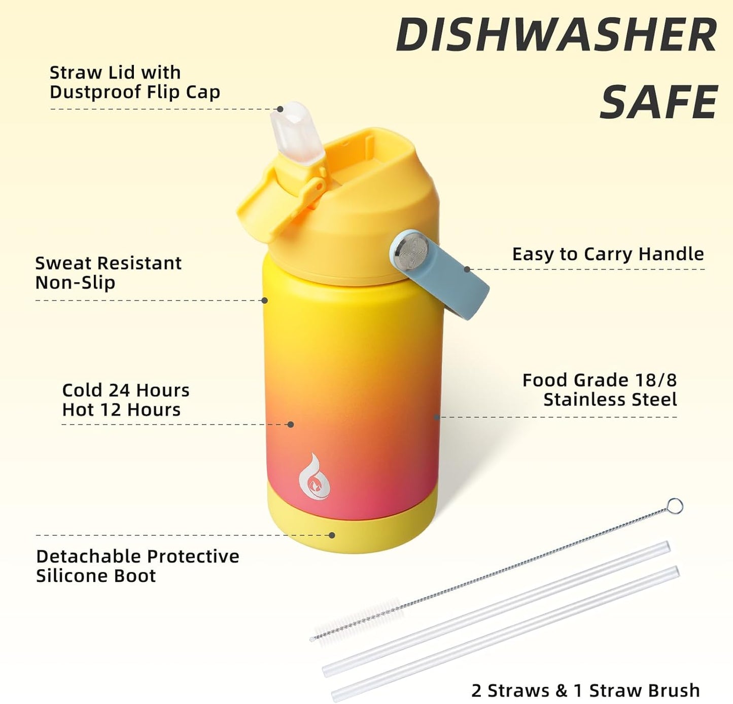 BJPKPK Insulated Water Bottle with Straw Lid, 12oz Thermos Water Bottles with Soft Nozzle, Flex Handle & Non-slip Boot, BPA Free Leak Proof Stainless Steel Metal Thermos, Tumblers, Cups,Rainbow